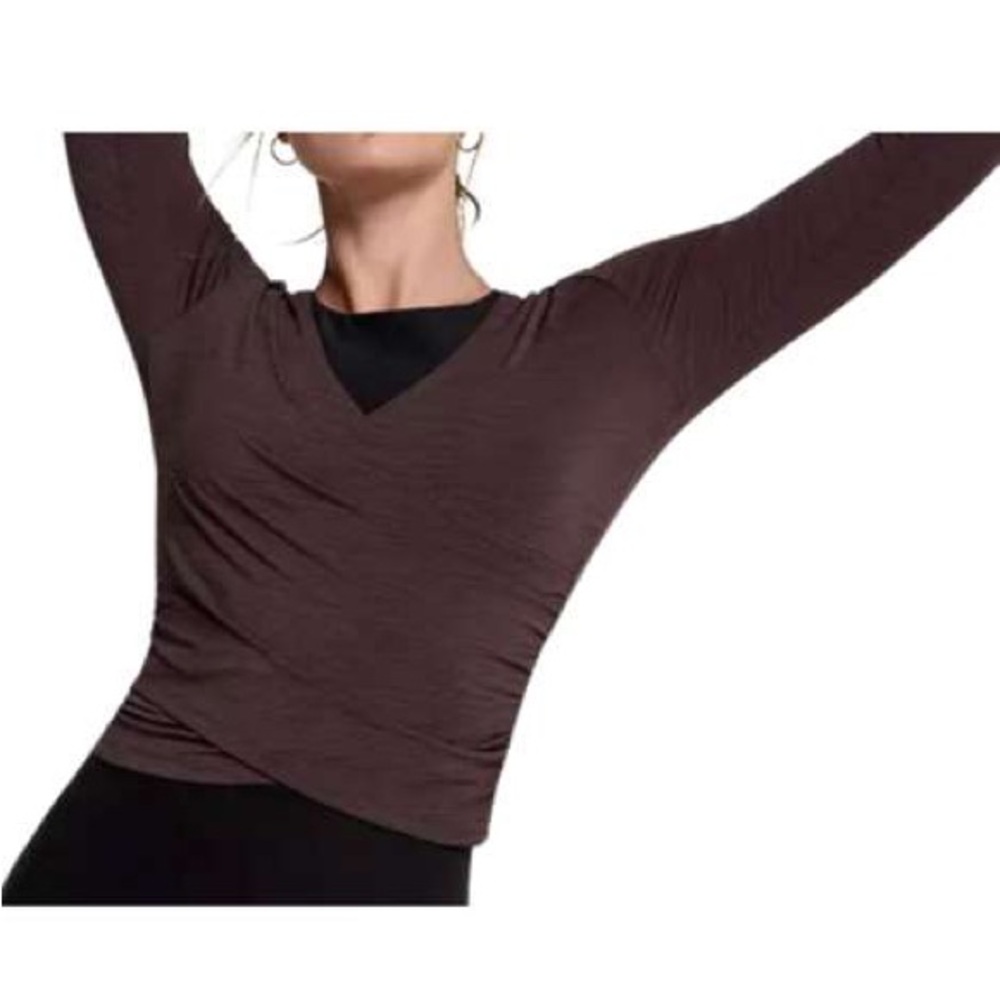NWOT Calia Brown Long Sleeve Draped V-Neck Stretch Wrap Top